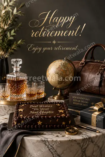 Elegant premium retirement showcase card radiating joyful relaxed mood with refined golden details and graceful typography.