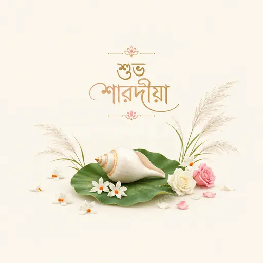 Elegant minimal Sharad Navratri card with serene cream background, subtle gold accents, and graceful শুভ শারদীয়া typography.