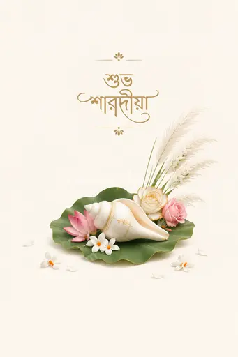Elegant minimal Sharad Navratri card displaying শুভ শারদীয়া with serene festive glow and graceful traditional Bengali charm.