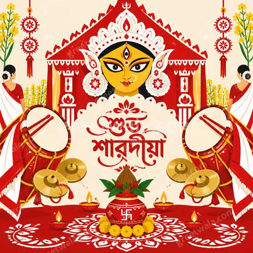 Modern flat vector Sharad Navratri card with joyful festive mood featuring Bengali greeting শুভ শারদীয়া in elegant style.