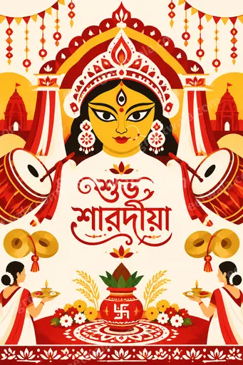 Modern flat vector Sharad Navratri card radiating festive warmth, featuring শুভ শারদীয়া with elegant Bengali motifs.
