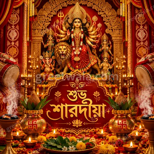 Ornate traditional Bengali Sharad Navratri greeting card displaying শুভ শারদীয়া with festive divine warm elegance.