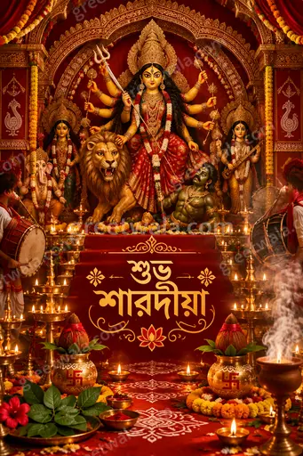 Ornate traditional Bengali Sharad Navratri card with golden motifs, goddess aura, festive warmth, displaying শুভ শারদীয়া elegantly.