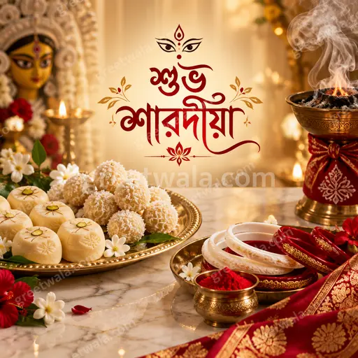 Premium Bengali Sharad Navratri card featuring 'শুভ শারদীয়া' in gold, with radiant maroon lotus motifs and divine festive glow.