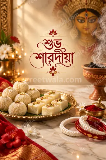Elegant Bengali Sharad Navratri card glowing with festive warmth, showcasing শুভ শারদীয়া in graceful premium golden style.