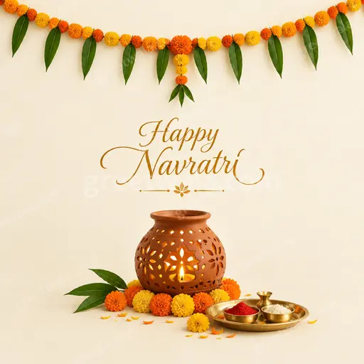 Elegant minimal card with soft golden diyas, serene goddess silhouette, and Happy Navratri in graceful lettering on cream.