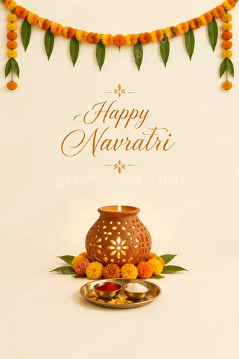 Elegant minimal Sharad Navratri card with soft golden motifs and calm festive glow wishing Happy Navratri.