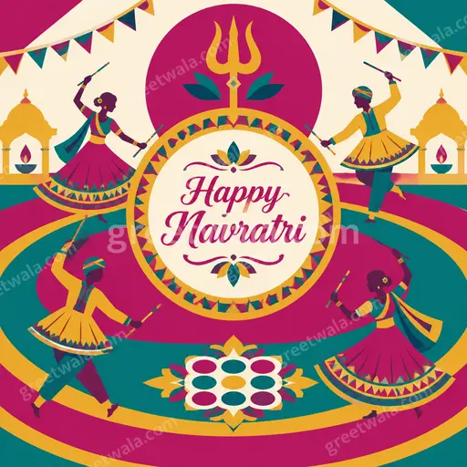 Modern flat vector card with joyful festive Goddess motifs in vibrant colors wishing Happy Navratri with elegant style.