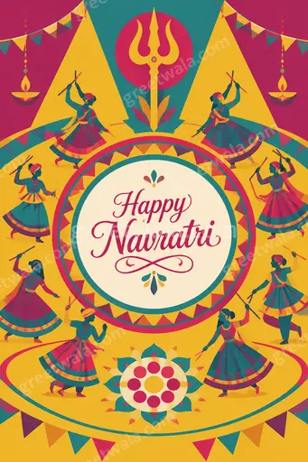 Joyful flat vector Happy Navratri card featuring elegant goddess motif, dancing silhouettes and glowing diyas in festive colors.