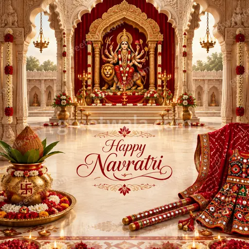 Ornate traditional card glowing with festive devotion, featuring Goddess Durga, diyas, marigolds, and elegant Happy Navratri greeting.