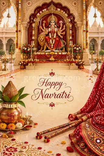 Ornate traditional card glowing with festive warmth, featuring elegant Happy Navratri lettering amid rich cultural motifs.