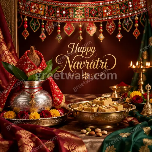 Premium elegant card displaying Happy Navratri with glowing diyas, marigolds and divine goddess silhouette in festive radiance.
