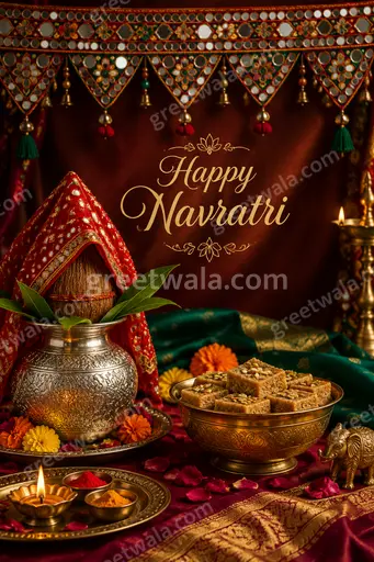 Luxurious Sharad Navratri card radiating divine feminine energy, ornate details, festive warmth, and Happy Navratri greetings.