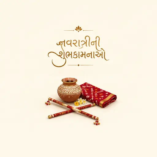 Elegant minimal Sharad Navratri card with calm festive glow featuring “નવરાત્રીની શુભકામનાઓ” in graceful Gujarati style.
