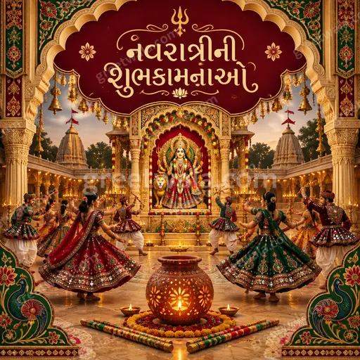 Ornate traditional Sharad Navratri greeting card in warm festive colors with elegant Gujarati text reading નવરાત્રીની શુભકામનાઓ.