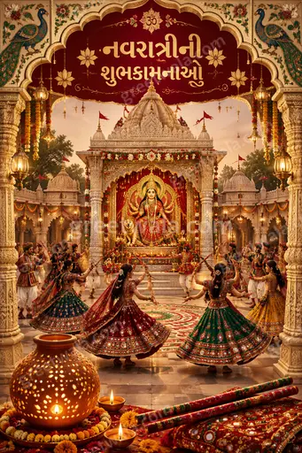 Ornate traditional Sharad Navratri card displaying 'નવરાત્રીની શુભકામનાઓ' with diyas, garba, marigolds in joyful devotional warmth.