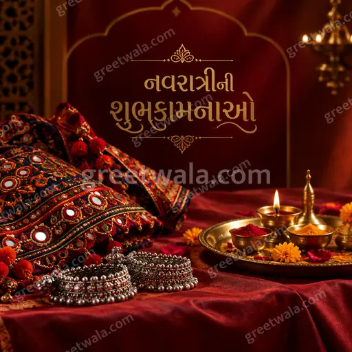 Premium Sharad Navratri card in Gujarati displaying નવરાત્રીની શુભકામનાઓ with elegant festive garba-inspired artwork and radiant joyful mood.