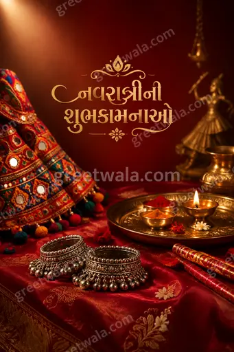 Premium Sharad Navratri card in Gujarati with 'નવરાત્રીની શુભકામનાઓ' in elegant festive gold and vibrant traditional style.