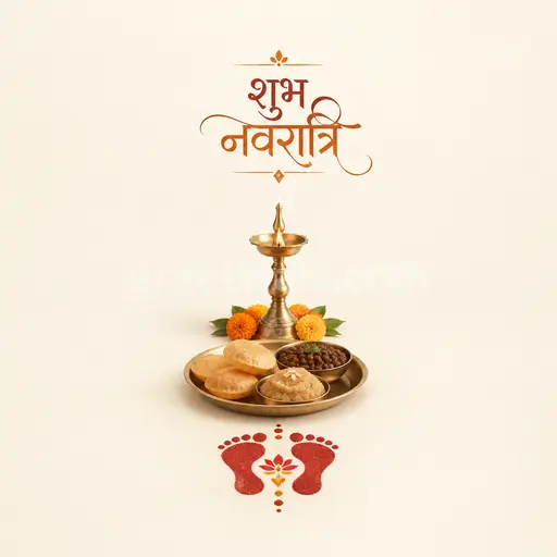 Elegant minimal Sharad Navratri card displaying शुभ नवरात्रि with soft golden diyas, serene maroon background and graceful festive calm.