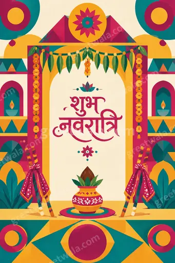 Modern flat vector Sharad Navratri card in warm festive tones showing शुभ नवरात्रि with elegant goddess-inspired motifs and diyas.