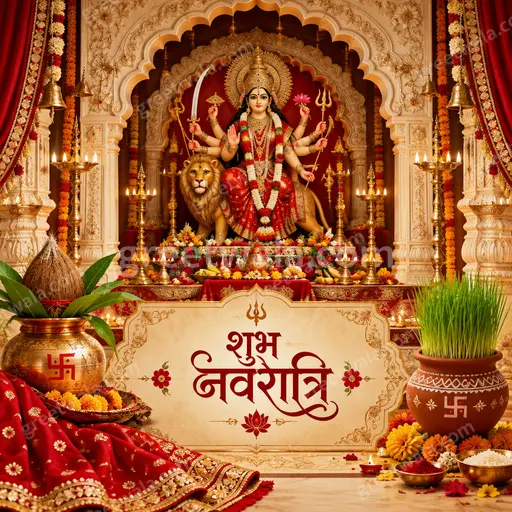 Ornate traditional Sharad Navratri card in Hindi displaying शुभ नवरात्रि with divine goddess motifs, marigolds, diyas and festive glow.