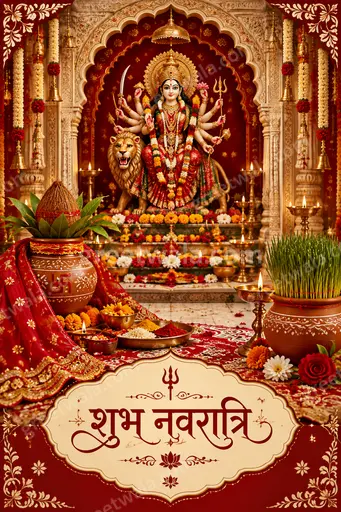 Ornate traditional Sharad Navratri card displaying शुभ नवरात्रि in glowing Hindi calligraphy amid festive diyas and divine radiance.