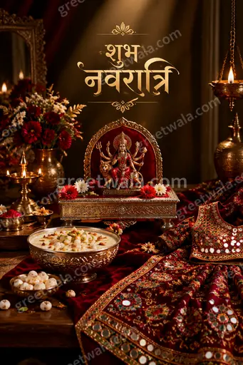 Premium Sharad Navratri card displaying शुभ नवरात्रि with divine goddess aura, festive lights, elegant golden traditional style.