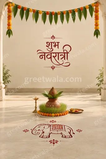 Elegant minimal Sharad Navratri greeting card in warm tones displaying शुभ नवरात्री with serene festive grace.