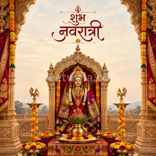 Ornate traditional Sharad Navratri card displaying शुभ नवरात्री with radiant goddess motifs in festive devotional elegance.