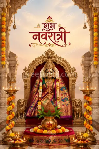 Ornate traditional Sharad Navratri card glowing with festive devotion, displaying शुभ नवरात्री in elegant Marathi golden lettering.