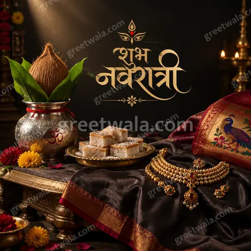 Premium festive Sharad Navratri card in rich maroon and gold showcasing शुभ नवरात्री with divine traditional glow.