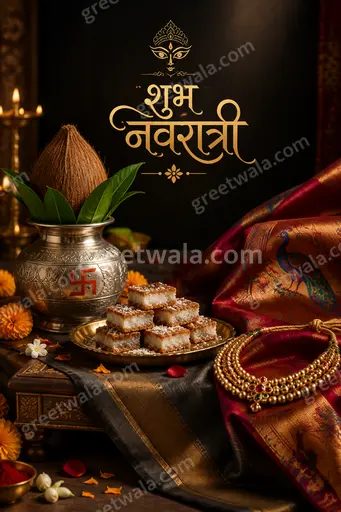 Premium Marathi Sharad Navratri card displaying 'शुभ नवरात्री' with radiant goddess aura, festive marigolds, and elegant golden glow.