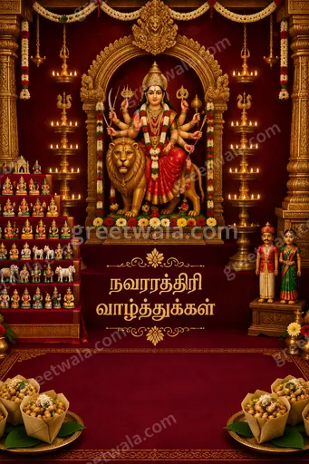 Ornate traditional Sharad Navratri card in Tamil displaying நவராத்திரி வாழ்த்துக்கள் with divine festive goddess glow.