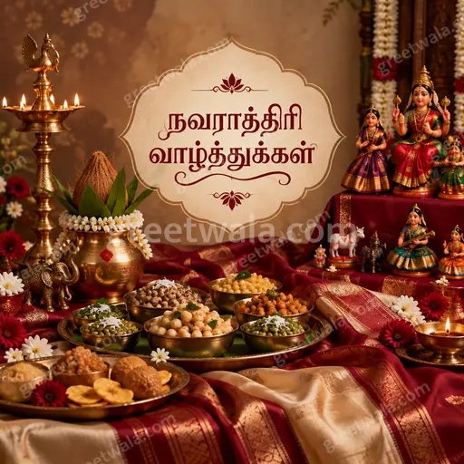 Premium maroon and gold Navratri card glowing with diyas, marigolds, goddess grace displaying 'நவராத்திரி வாழ்த்துக்கள்' elegantly.