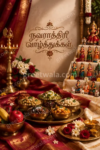 Elegant Tamil Navratri greeting card with radiant goddess Durga, festive diyas, marigolds, and luxurious golden temple backdrop.