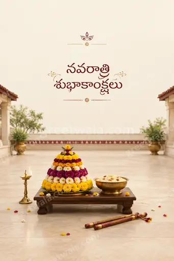 Elegant minimal Sharad Navratri card glowing in soft gold and maroon with graceful Telugu 'నవరాత్రి శుభాకాంక్షలు' lettering.