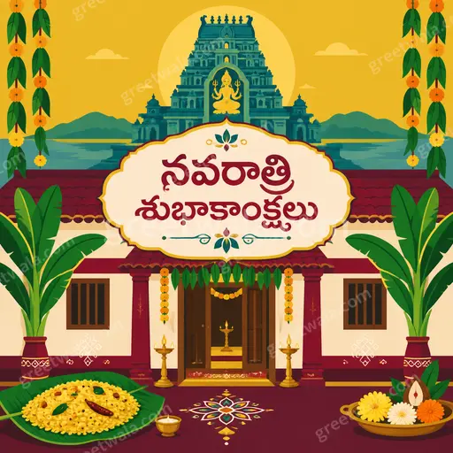 Modern flat vector Sharad Navratri card displaying నవరాత్రి శుభాకాంక్షలు with glowing diyas, marigolds and joyful divine elegance.