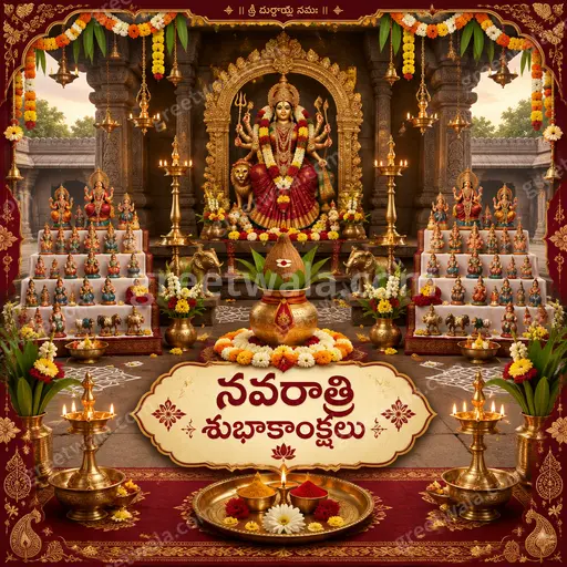 An ornate traditional Sharad Navratri card radiating festive devotion with elegant Telugu greeting and rich cultural motifs.