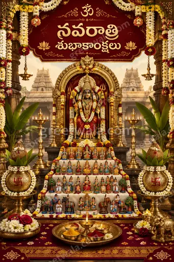 Ornate traditional Telugu Sharad Navratri card displaying 'నవరాత్రి శుభాకాంక్షలు' amid diyas, marigolds and divine festive glow.