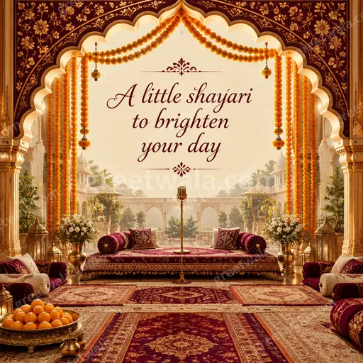 Ornate traditional card with golden paisley borders and warm glowing diyas creating a joyful poetic celebration.