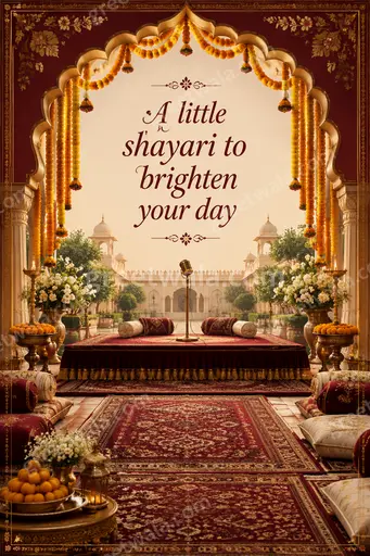 Ornate traditional Shayari card with golden motifs exuding warm joyful elegance featuring 'A little shayari to brighten your day'.