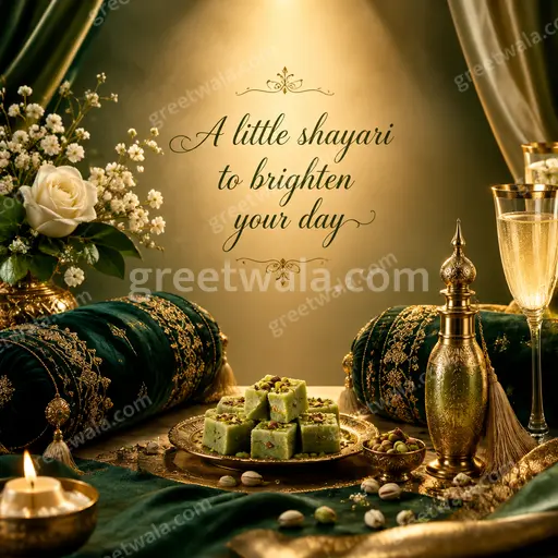 Premium floral Shayari showcase card glowing in warm golden tones, sharing a little shayari to brighten your day.