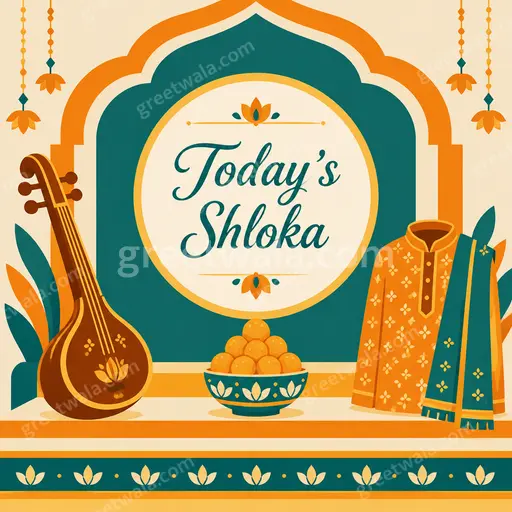 Serene modern flat vector card in warm tones showcasing Today's Shloka with elegant English typography and peaceful motifs.
