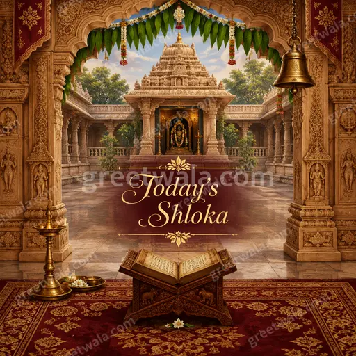Ornate traditional card displaying Today's Shloka in elegant English lettering with serene golden temple motifs and peaceful devotional ambiance.