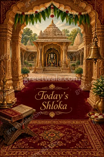 Ornate traditional card displaying Today's Shloka in elegant English typography with serene golden sacred peaceful timeless background.