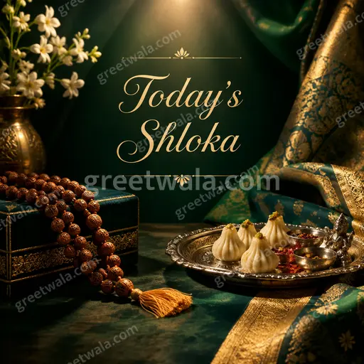 Premium card displaying 'Today's Shloka' in elegant gold lettering over serene temple dawn with soft marigold and silk textures.
