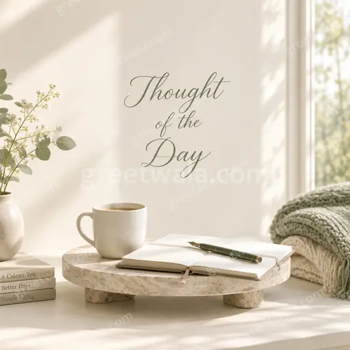 Elegant minimal Thought of the Day card with calm sunrise tones, soft light, and peaceful inspiring Suvichar style.