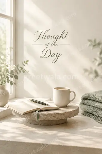 Elegant minimal Thought of the Day card with calm sunrise hues, soft light, and serene inspirational mood.