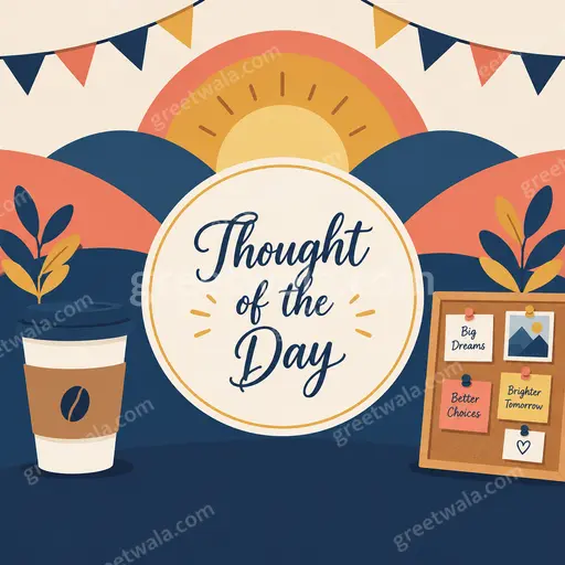 Modern flat vector card with calm sunrise background, elegant typography presenting Thought of the Day inspirationally.