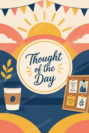 Uplifting flat vector card with Thought of the Day text, sunrise motifs, calm pastel tones and modern minimalist serenity.